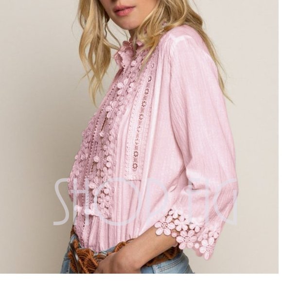 New Pink Lace Button Front Blouse Top Feminine 3/4 Sleeve Shirt Top Beach Swim - Picture 5 of 8